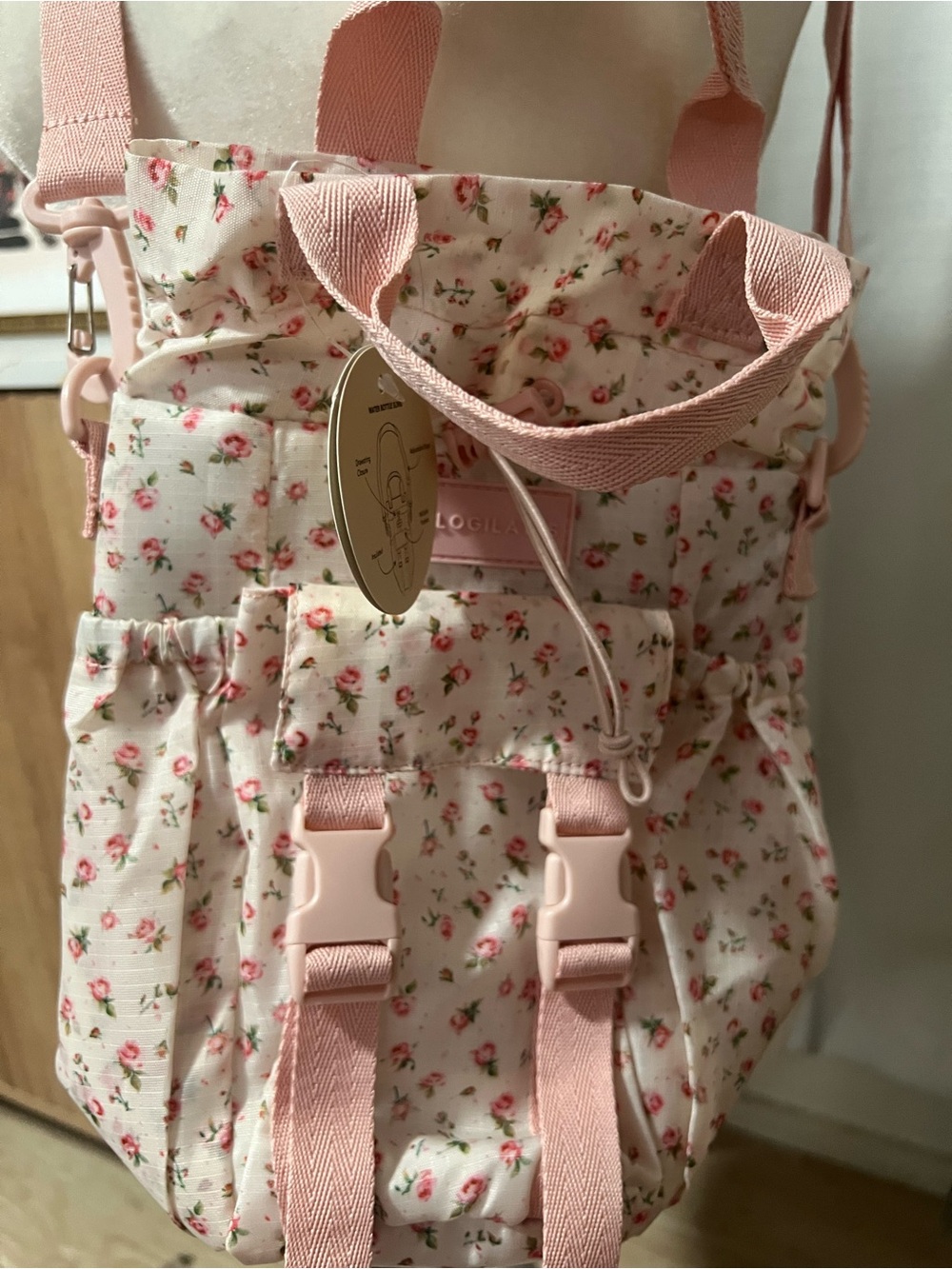 Floral Pink Drawstring Backpack with Rose Print